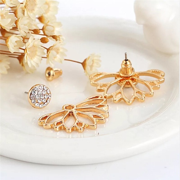 Gold Lotus Flower Pave’ Crystal Jacket Earrings - Picture 3 of 4